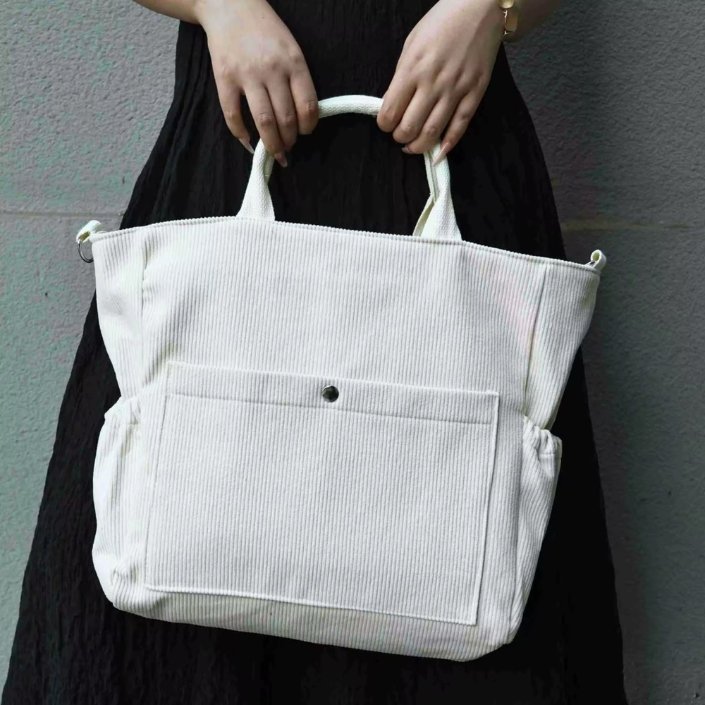 Elegant White Cotton Corduroy Tote Bag